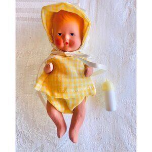 Kerr & Hines Bisque Baby Doll With Yellow Gingham Outfit  Bonnet In Original Box
